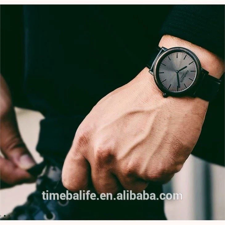 All Black Watch Wooden Bezel Case Genuine Leather Band Cools Fashion Sport Boys Teenagers Men Watches