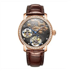 Relógio de movimento de esqueleto tourbillon duplo de 18k de ouro.